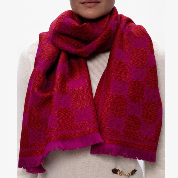 NEW GUCCI GG Jacquard Wool Scarf in Red And Pink $590 Authentic - Picture 3 of 7
